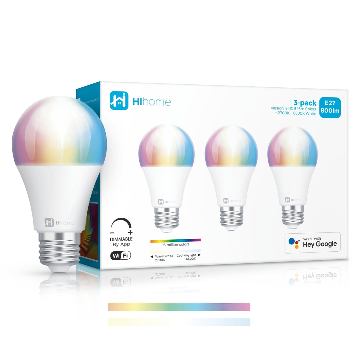 Hihome 3-pack Hihome Smart LED WiFi pære Gen.2 RGB 16M Farver + Varm hvid 2700K til cool hvid 6500K 3-pack-WAL-RGBCCT27